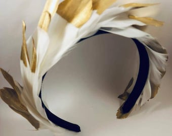 Beautiful White and Gold Feather Headband