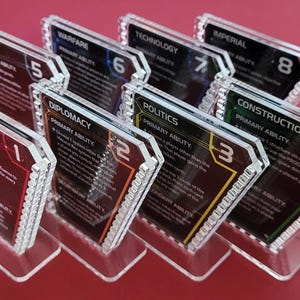Könnte beinhalten: Acht Strategiekarten eines Brettspiels, die jeweils in einem durchsichtigen Acrylständer stecken. Die Karten sind mit Leadership, Diplomacy, Politics, Construction, Trade, Warfare, Technology und Imperial beschriftet und zeigen nummerierte Symbole sowie Texte zu den primären und sekundären Fähigkeiten.