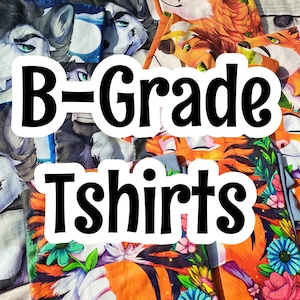 Puede incluir: Una colección de camisetas de grado B con ilustraciones coloridas de animales antropomórficos, incluyendo lobos, zorros y tigres. Las camisetas muestran obras de arte vibrantes con detalles de pelaje y acentos florales. El texto "B-Grade Tshirts" está superpuesto.