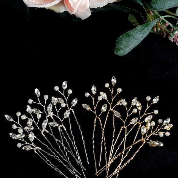 Set of 6 Crystal Hair pins, Bridal hair pins, Crystal Wedding hair pins, Gold Bridal hair pins,  Bridesmaids hair pins