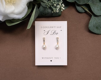 Pearl Bridesmaid Earrings with Card, Freshwater Pearl Bridal Party Gift, Gold or Silver Earrings