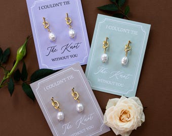 Bridesmaid Knot Pearl Drop Earrings | Bridal Party Proposal Gift | Gold or Silver plated