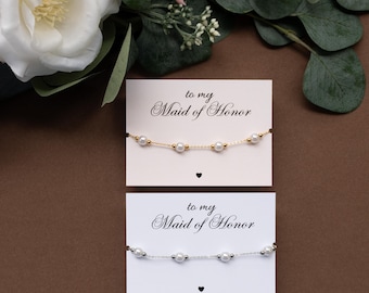 Pearl Bead Bridesmaid Bracelet | Maid of Honor Gift | Gold or Silver Plated | Proposal Box, Bridal Party Favor