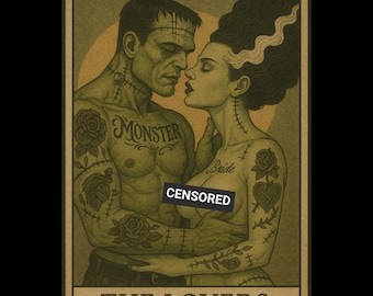 The Lovers Gothic Tarot Card Sticker Frankenstein & Bride Vintage Halloween Design