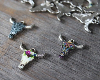 Cow Skull Charm - set of three - bull charms enamel skull pendants for jewelry making necklace earrings bracelet silver