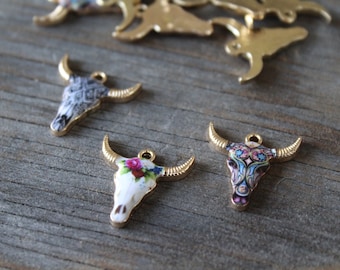Cow Skull Charms Gold - set of three - bull charms enamel skull pendants for jewelry making necklace earrings bracelet