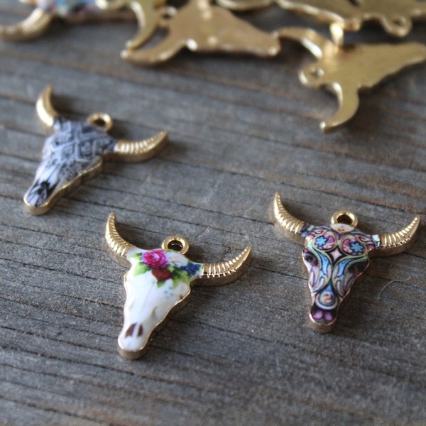 Cow Skull Charms Gold - set of three - bull charms enamel skull pendants for jewelry making necklace earrings bracelet