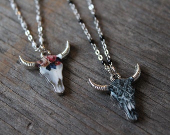 Bull charm necklace with silver and enamel chain, Cow Steer charm