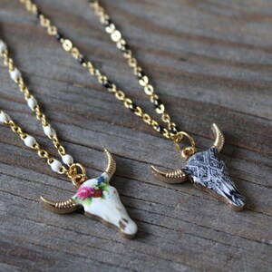 Bull charm necklace with gold and enamel chain, Cow Steer charm