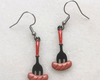 Barbecue BBQ grill earrings, sausage wurst grill party gift, banger frankfurter salami butcher charm, hot dog tabasco, chef unique jewelry