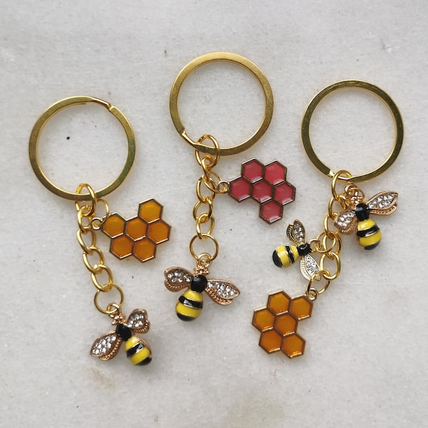 Bee bumble honey keychain, queen bee crystal gold drop honeycomb keyring, beekeeper unique gift, bag pendant insect charm, save the bees