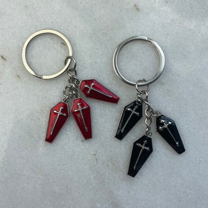 Coffin goth alt emo keychain, horror occult devil keyring, gothic accessory creepy cementary pendant, black car gift, casket cross keychain