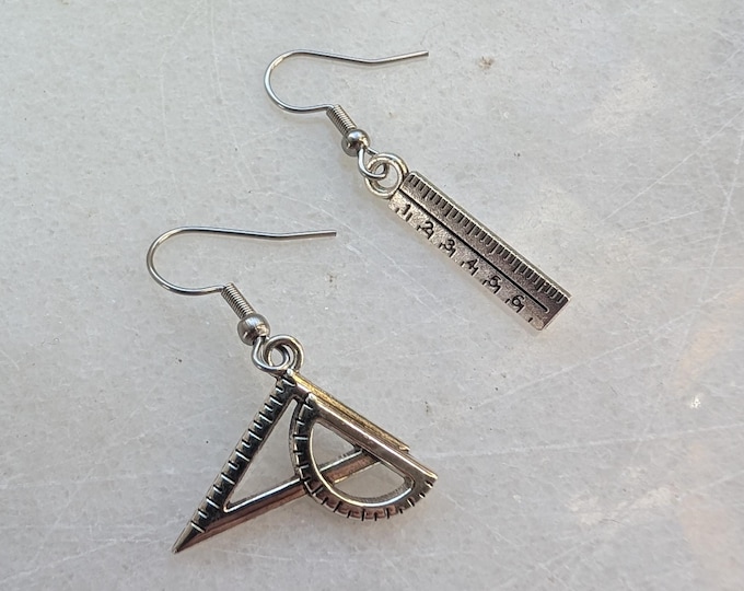 Ruler set square maths earrings, protractor nerd jewelry, best teacher gift, accountant number cruncher charm, math whiz geek brainiac set