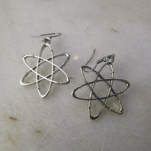 Może przedstawiać: Para srebrnych kolczyków w kształcie atomu o delikatnym wzorze. Kolczyki są wykonane z metalu i mają prosty, nowoczesny wygląd.