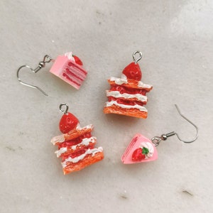 Strawberry shortcake earrings, fruit cake kawaii style jewelry, vanilla and whipped cream, cheesecake charm, realistic fake food party gift