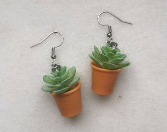 Plant flower pot earrings, succulent gardening gift, plant mom gardener charm, potted plant lovers, flower birthday green planter jewelry set