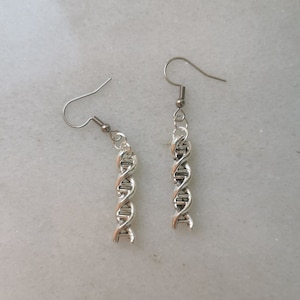 May include: A pair of silver earrings with a DNA double helix design. The earrings are dangle style with a hook closure.