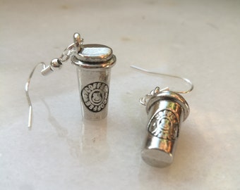 Coffee cup earrings, Starbucks mini silver cups for caffeine and unique jewelry lovers