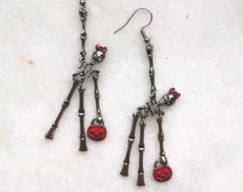 Halloween skeleton earrings, hangman lady, red pumpkin bag scary jewelry, hanging skeleton charm, party outfit, horror lover unique gift