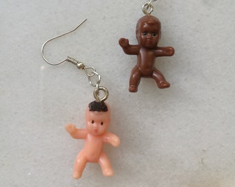 Plastic baby earrings, funny strange lesbian gay earrings, kawaii new baby shower charm, cute little babies drop, fun baby pregnant mom gift