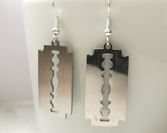 Razor blade emo earrings, punk goth alt earrings, grunge alternative jewelry, gothic guitar drop charm, billie badass statement jewelry gift