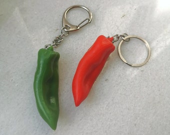 Red green hot pepper keychain, yellow chili tabasco culinary keyring, gardening garden spicy woman gift, italian mexican food foodie charm