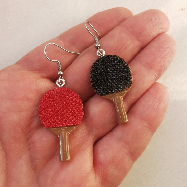 Table tennis ping pong earrings, paddles rackets charm, sport set earrings, red black rubber jewelry, coach player family fun sport gift