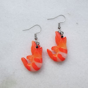 Shrimp prawn earrings, crevette lobster seafood sushi charm, ocean coral reef animals jewelry, shrimp fun restaurant gift, good mood recipe