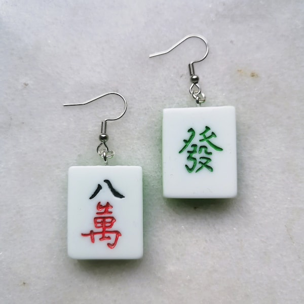 Mahjong earrings set, mah-jong Chinese game tile jewelry, Asian China game set, unique oriental gift idea, hypoallergenic silver hooks