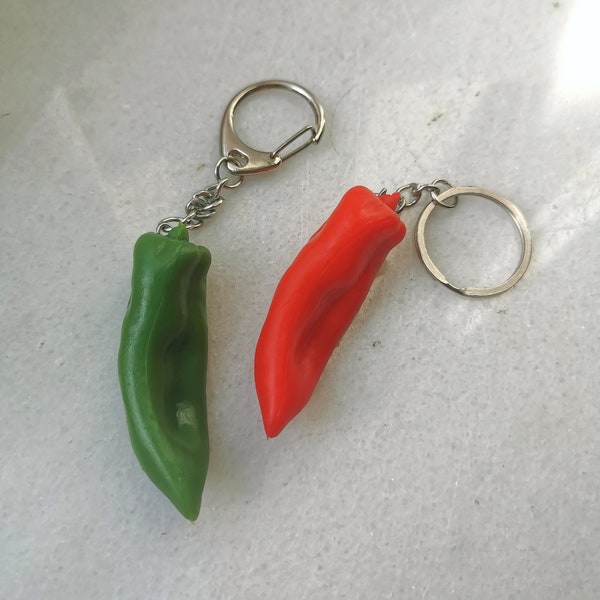 Red green hot pepper keychain, yellow chili tabasco culinary keyring, gardening garden spicy woman gift, italian mexican food foodie charm