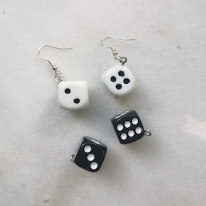Lucky dice dangle earrings, gambling casino las vegas look, cube funny handmade jewelry, geometric black and white theme, fortune earrings