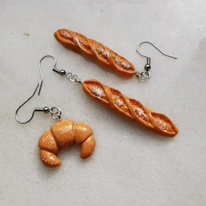 French baguette croissant earrings, bakery bread jewelry, Paris breakfast cute outfit, foodie gift France charm, french cusine lover gift