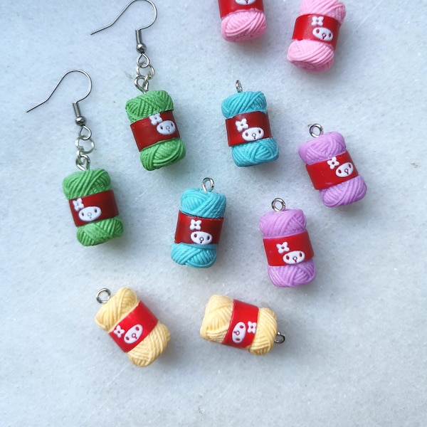 Crochet yarn knitting earrings, sewing jewelry pattern, gift for handcraft lovers, knit needle resin charms, colorful ball yarn wool beads