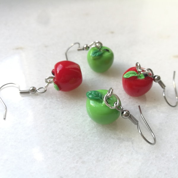 Red green apple earrings, miniature fruit health jewelry, fun gift for bio food vegan fall lovers, apple resin charm, apple costume cosplay