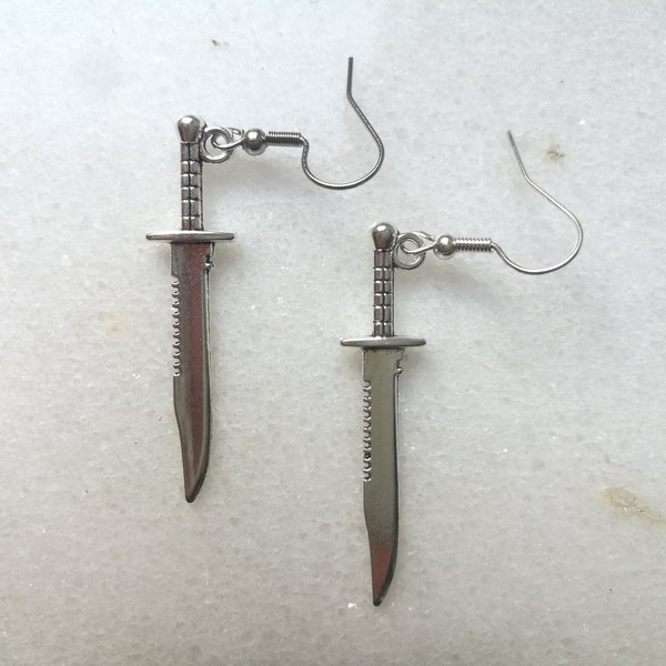 Combat knife earrings, silver dagger sword hunting survival knife charms, unique Rambo weapon jewelry, punk gothic biker bold gift for men