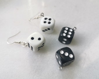 Lucky dice dangle earrings, gambling casino las vegas look, cube funny handmade jewelry, geometric black and white theme, fortune earrings