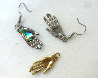 Hand palmistry earrings skeleton, halloween gold silver scary palm charms, creepy gothic grunge punk bones skull jewellery, fun horror gift