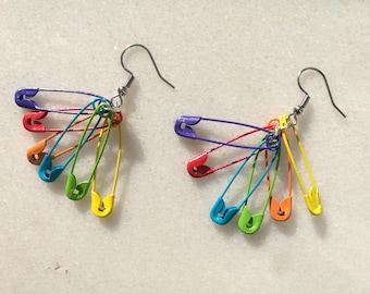 Safety pin rainbow earrings, lesbian gay earrings, pride LGBT bi gay pride colorful jewelry, coming out gift, lesbian gift, rainbow charm