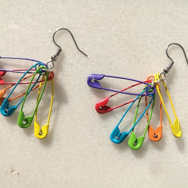 LGBTQ safety pin rainbow earrings, bi lesbian earrings, LGBT gay pride colorful jewelry, soft punk grunge aesthetic alt charm, engage gift