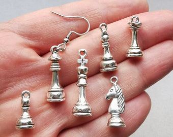Chess pieces earrings set, modern metal luxury checkmate Pawn Knight Bishop Rook Queen & King, fun gift for board games lovers master family