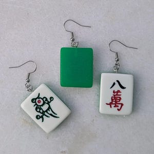 Mahjong earrings set, mah-jong Chinese game tile jewelry, Asian China game set, oriental gift idea, red green dragon tile, mahjong pinyin image 16