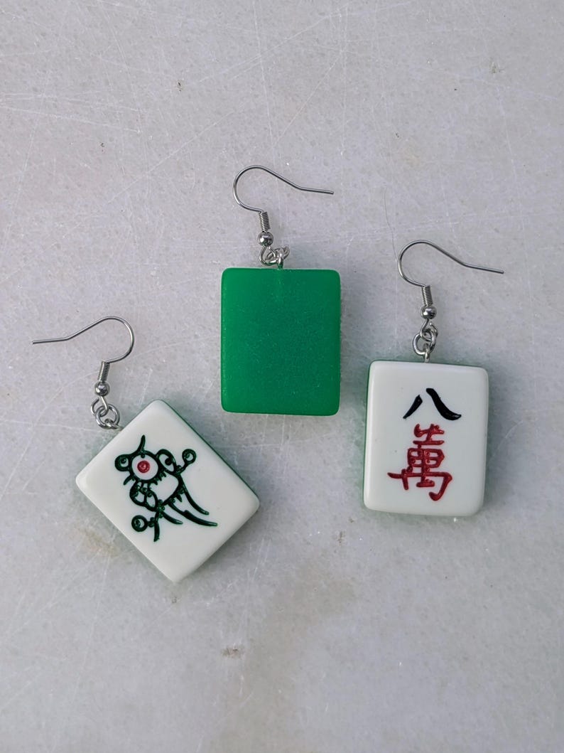 Mahjong earrings set, mah-jong Chinese game tile jewelry, Asian China game set, oriental gift idea, red green dragon tile, mahjong pinyin image 16