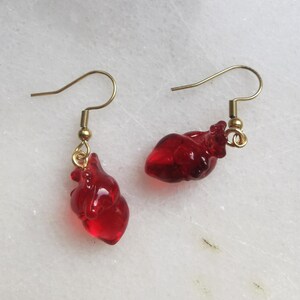 May include: A pair of gold heart-shaped earrings with red glass hearts. The earrings are dangling from gold hooks.