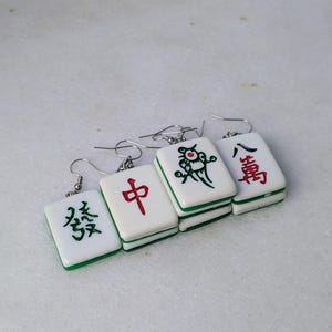 Mahjong earrings set, mah-jong Chinese game tile jewelry, Asian China game set, oriental gift idea, red green dragon tile, mahjong pinyin image 14