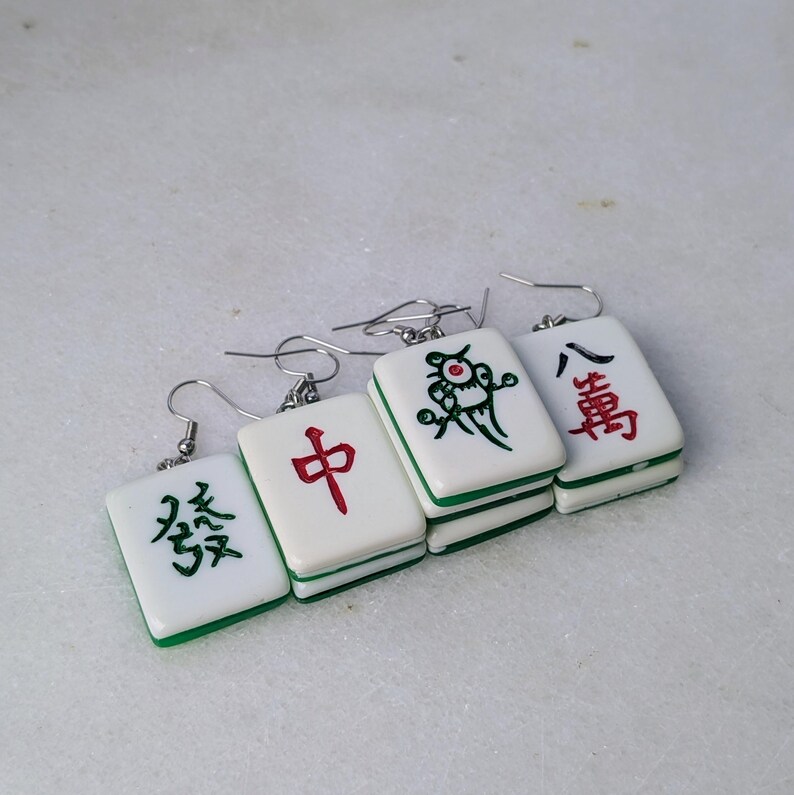 Mahjong earrings set, mah-jong Chinese game tile jewelry, Asian China game set, oriental gift idea, red green dragon tile, mahjong pinyin image 14