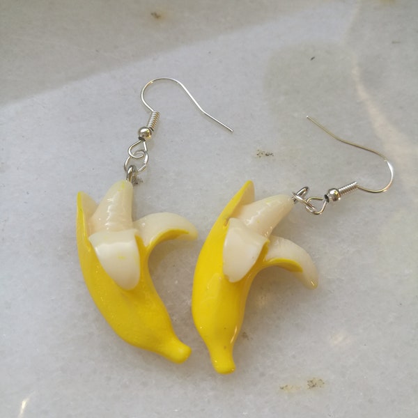Happy banana earrings, quirky funny yellow charm, cute handmade jewelry for unique persons, funny kawaii fruit earrings | Sterling Silver