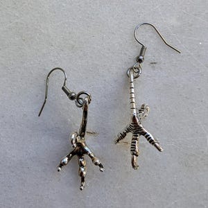 Puede incluir: Un par de pendientes colgantes de plata con un diseño detallado de garra de pájaro. Los pendientes tienen un cierre de gancho simple.