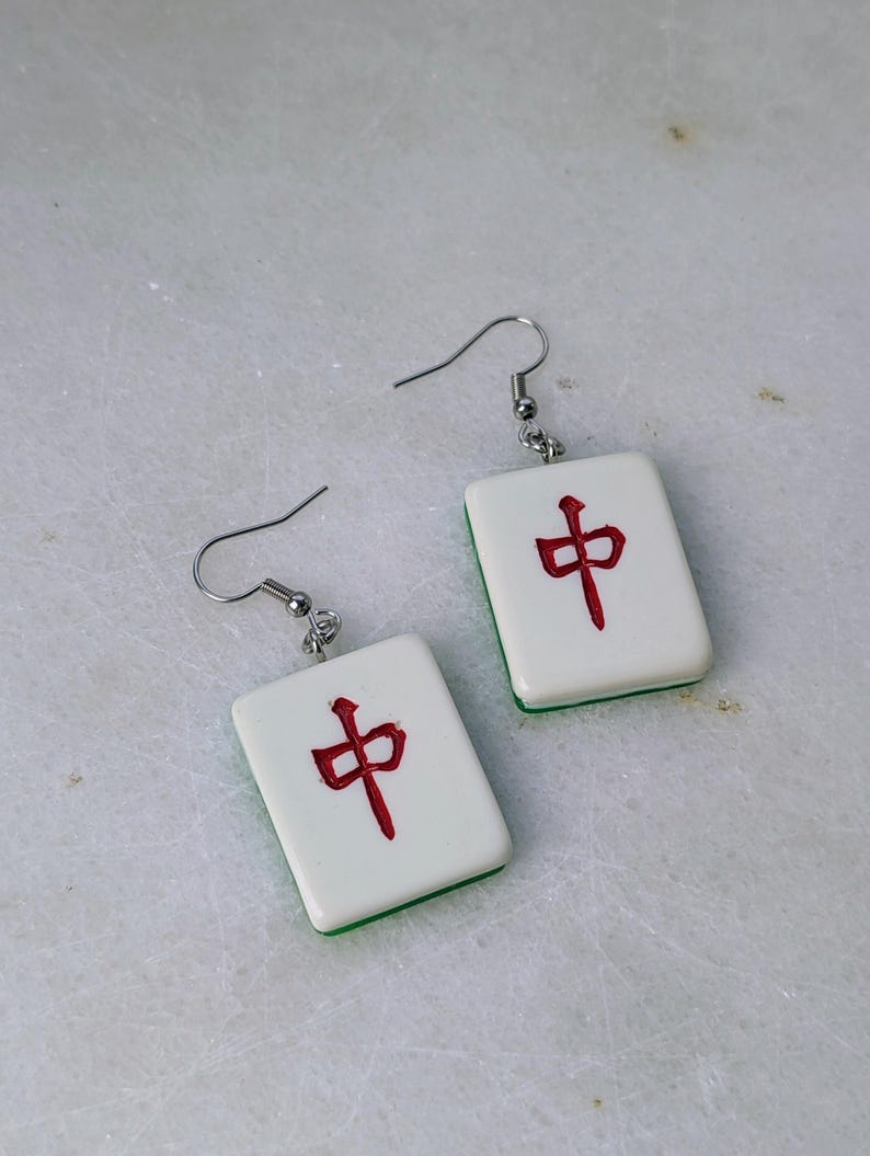 Mahjong earrings set, mah-jong Chinese game tile jewelry, Asian China game set, oriental gift idea, red green dragon tile, mahjong pinyin image 6