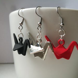 Origami crane paper earrings, lucky bird Japanese geometric jewelry, orizuru charm, drop origami silver animal earrings | Hypoallergenic
