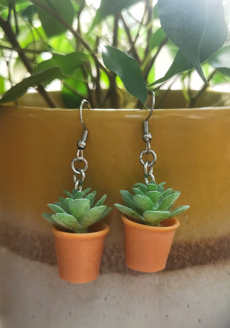 May include: A pair of dangle earrings featuring miniature succulent plants in small orange pots. The earrings have silver-colored hooks and chain links. The succulent plants have green, textured leaves.